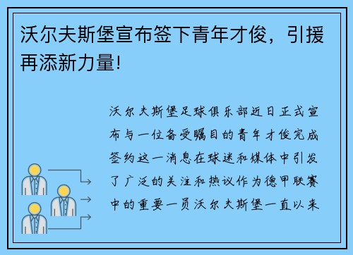 沃尔夫斯堡宣布签下青年才俊，引援再添新力量!